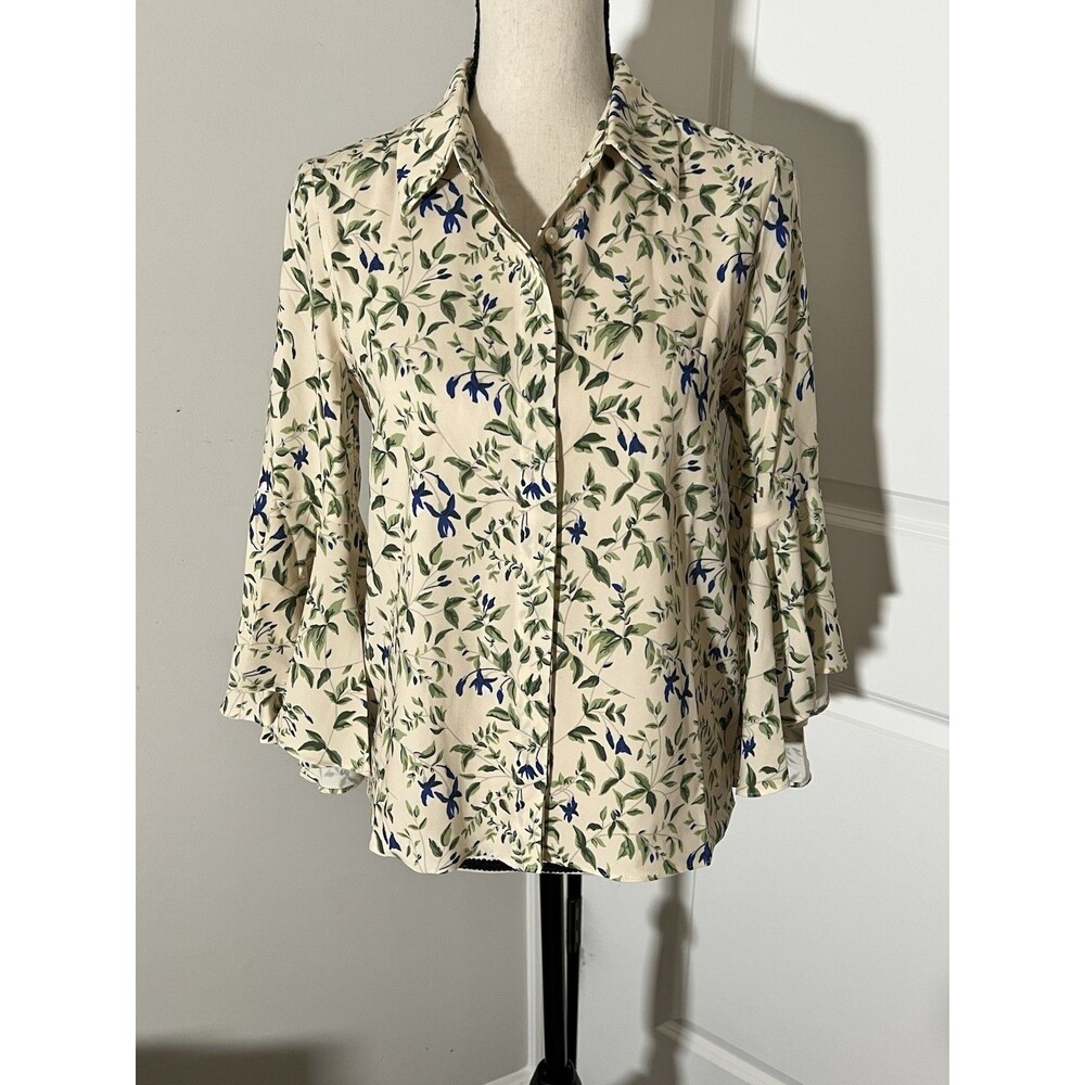 NEW Tuckernuck Fuchsia Floral Bell Sleeve Blouse Size Small Ivory